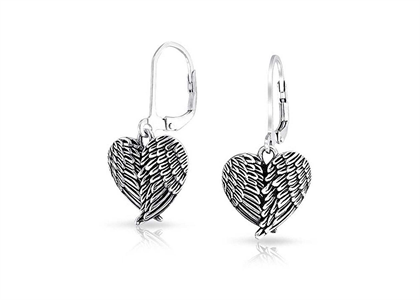 Heart Shaped Angel Wings Feather Dangle Earrings